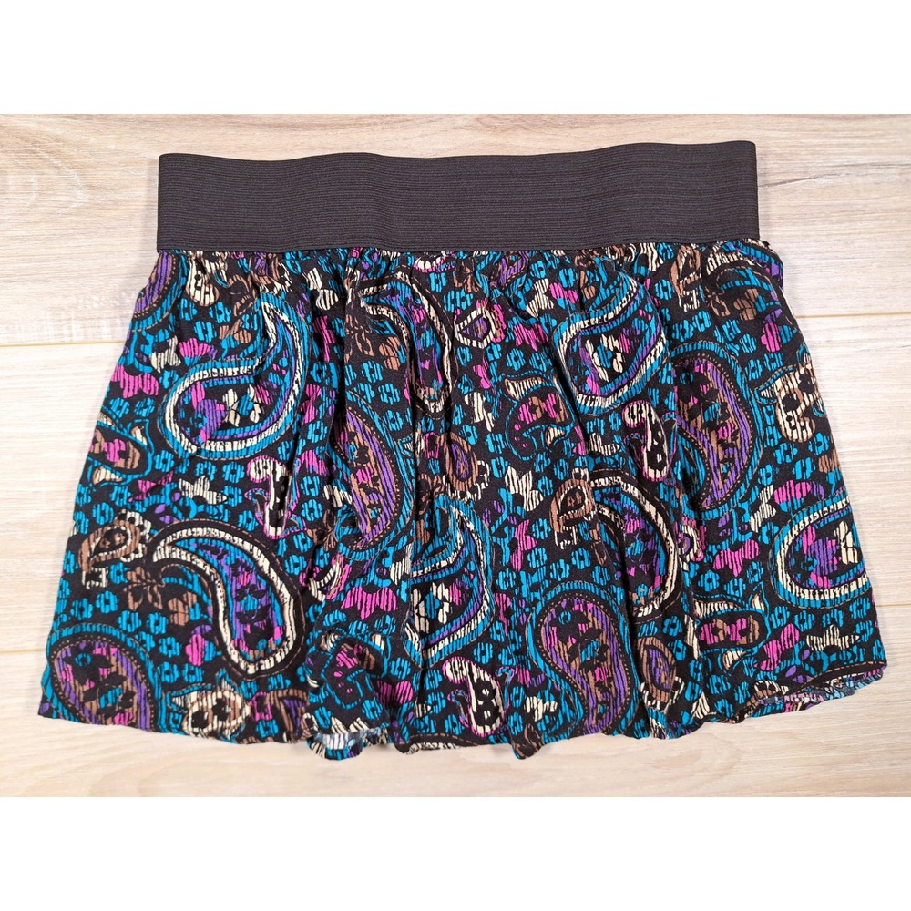 Bongo Y2K Paisley Print Mini Skirt Blue Purple Black Elastic Waist Rayon Large